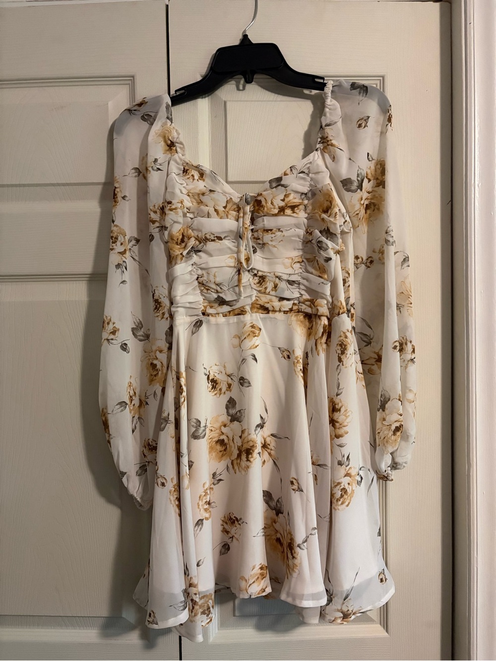 Windsor Ivory Floral Long-Sleeve Mini Dress with Mustard Blooms